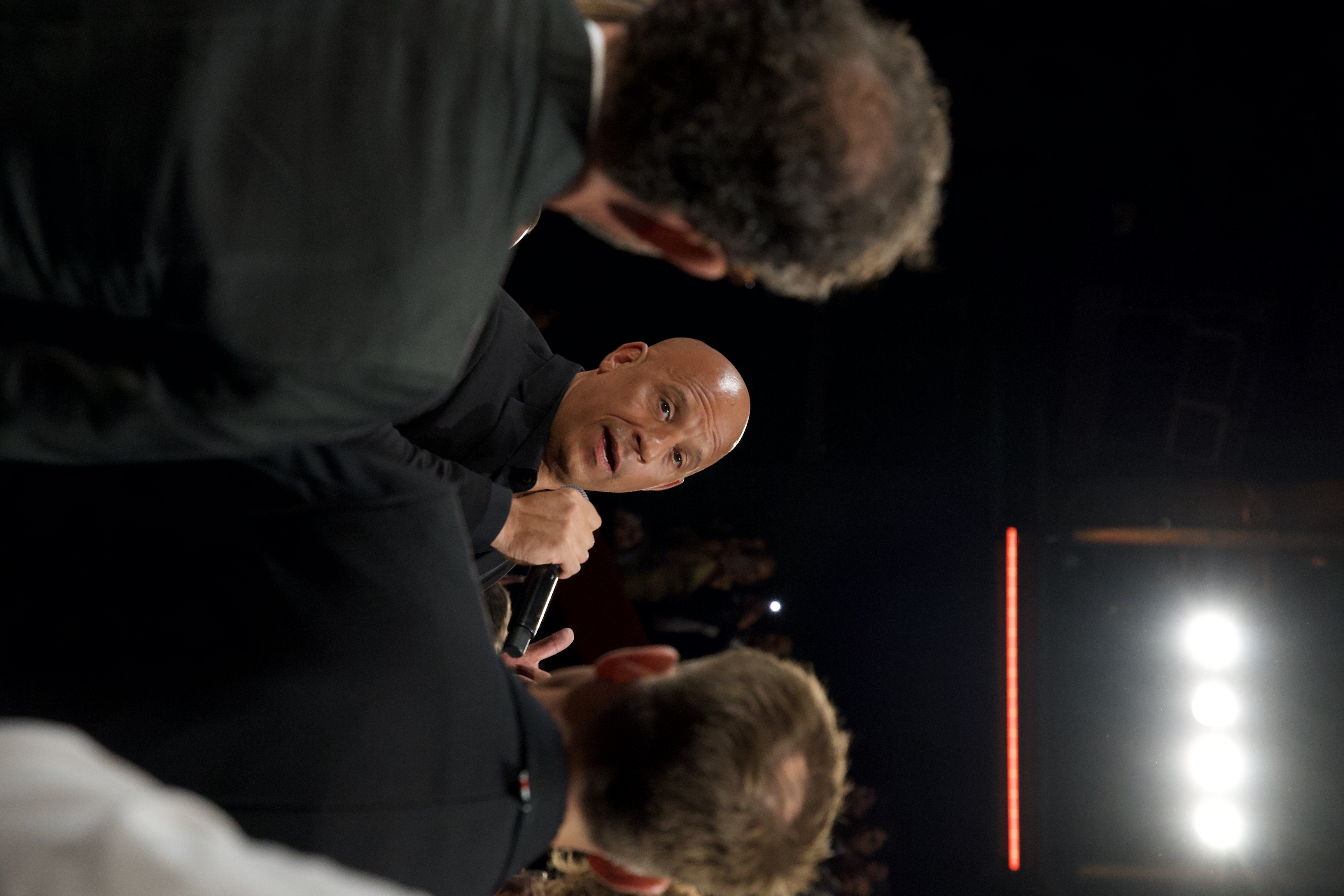 Vin Diesel speaks to the crowd during the opening of The Fast and The Furious