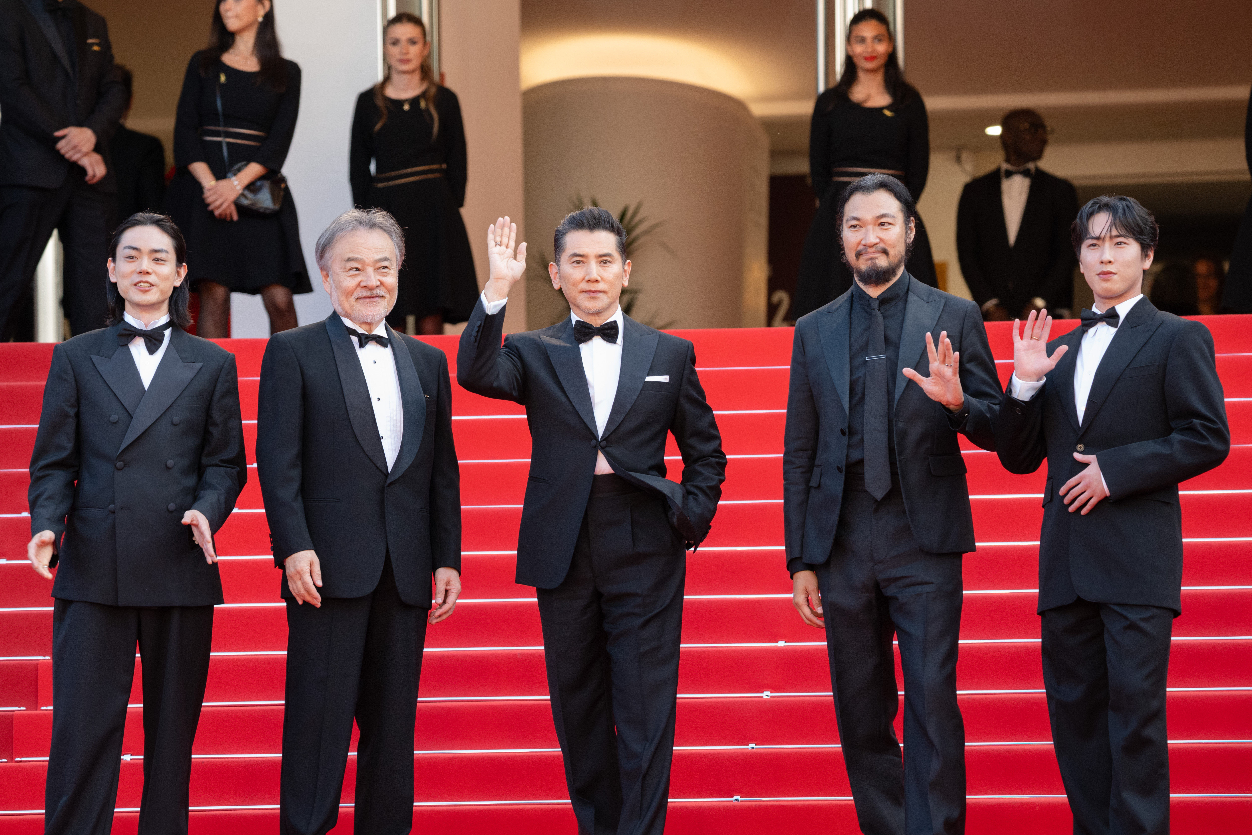 Image Description: Masaki Suda Kiyoshi Kurosawa Masahiro Motoki Munetaka Aoki and Ryota Miyadate attend the competition screening red carpet of the movie Amarga Navidad during the 79th Cannes Film Festival Cannes France 2026-05-19