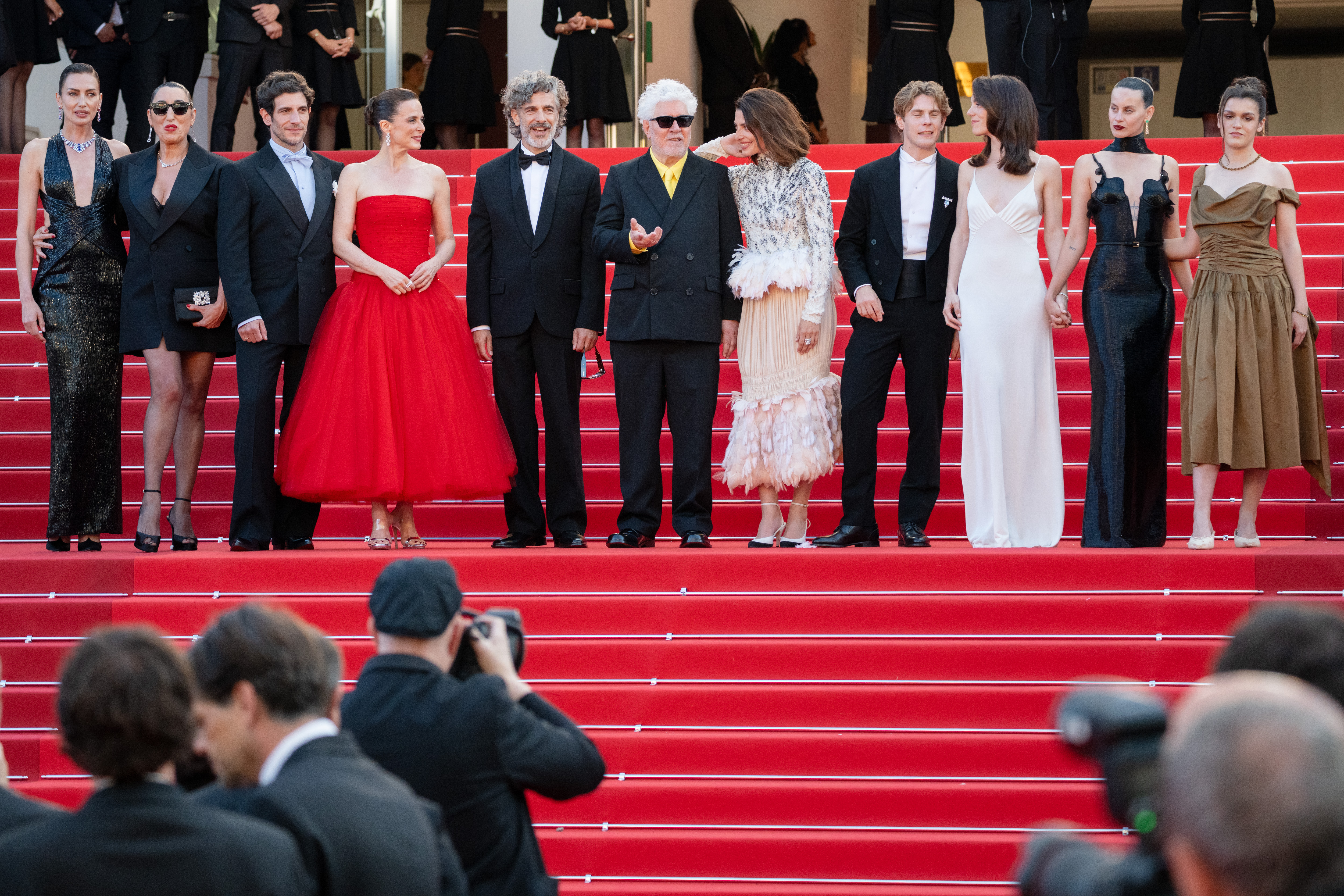 Image Description: Nievez Alvarez Rossy De Palma Quim Gutierrez Aitana Sanchez-Gijon Leonardo Sbaraglia Pedro Almodovar Barbara Lennie Patrick Criado Victoria Luengo Milena Smit and Amaia Romero attend the competition screening red carpet of the movie Amarga Navidad during t
