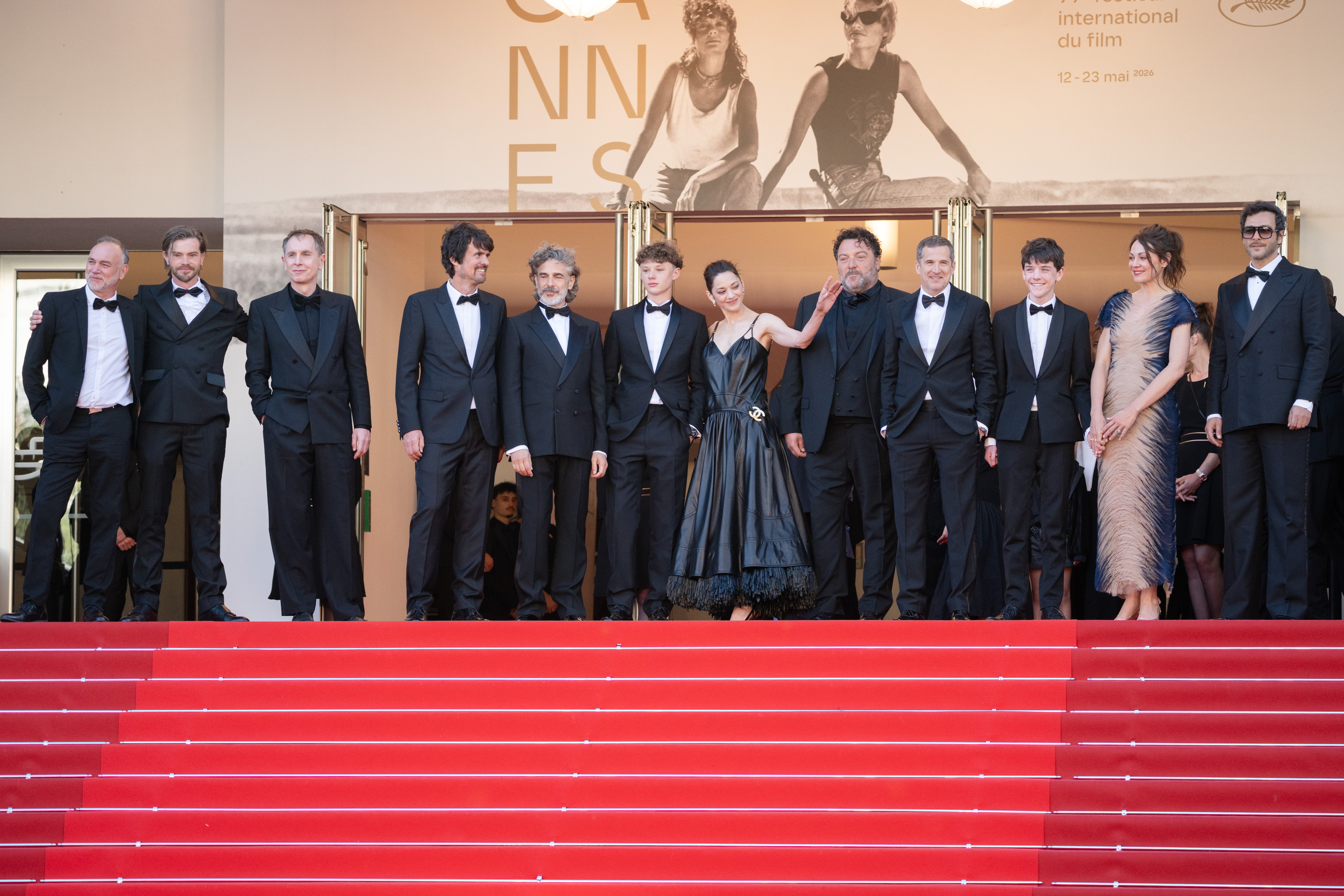 Image Description: Guests Simon Jacquet Leonardo Sbaraglia Marion Cotillard Denis Menochet Guillaume Canet Yodelice and guests attend the special screening red carpet of the movie Karma during the 79th Cannes Film Festival Cannes France 2026-05-15