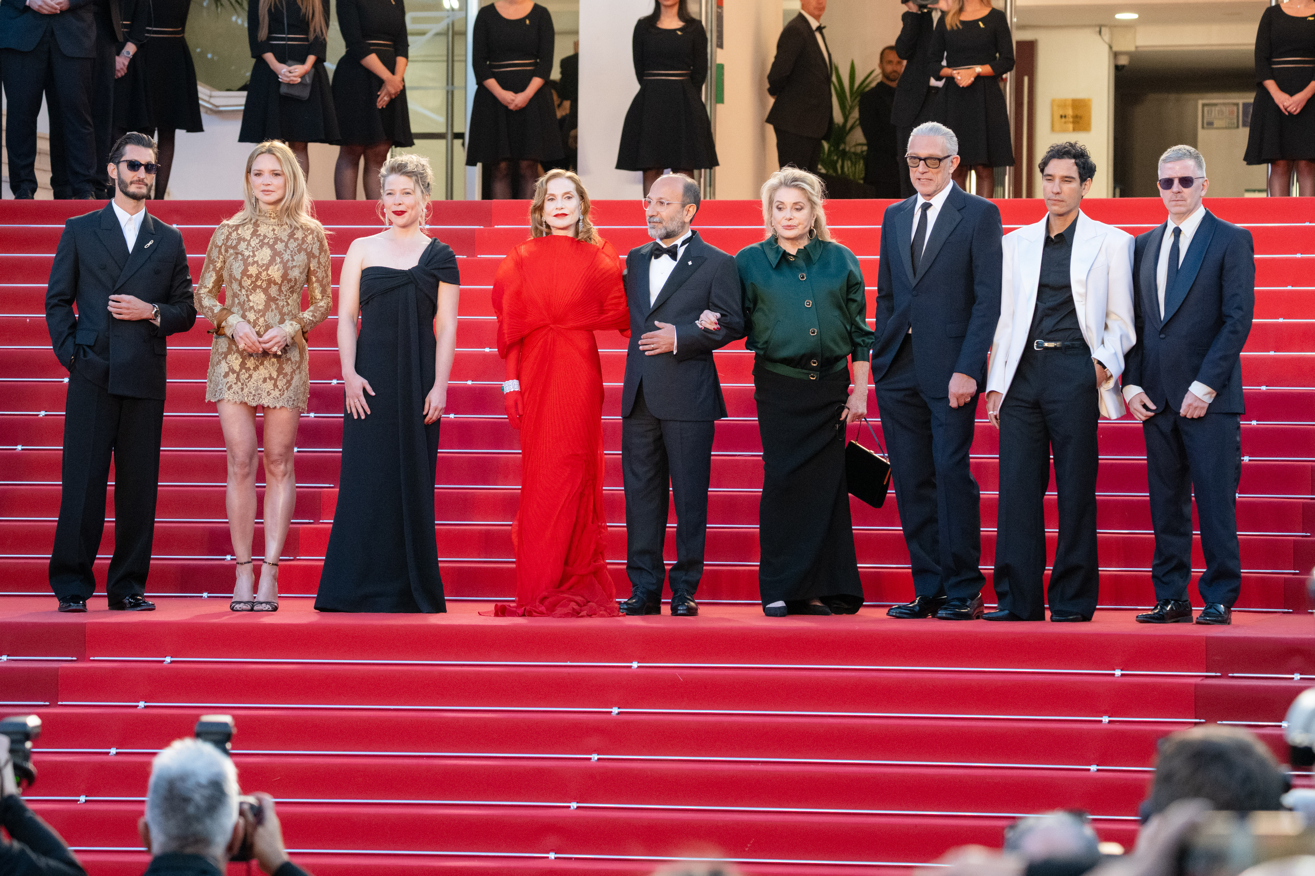 Image Description: Pierre Niney Virginie Efira India Hair Isabelle Huppert Asghar Farhadi Catherine Deneuve Vincent Cassel Adam Bessa and Alexandre Mallet-Guy attend the competition screening red carpet of the movie Histoires Paralleles during the 79th Cannes Film Festival C