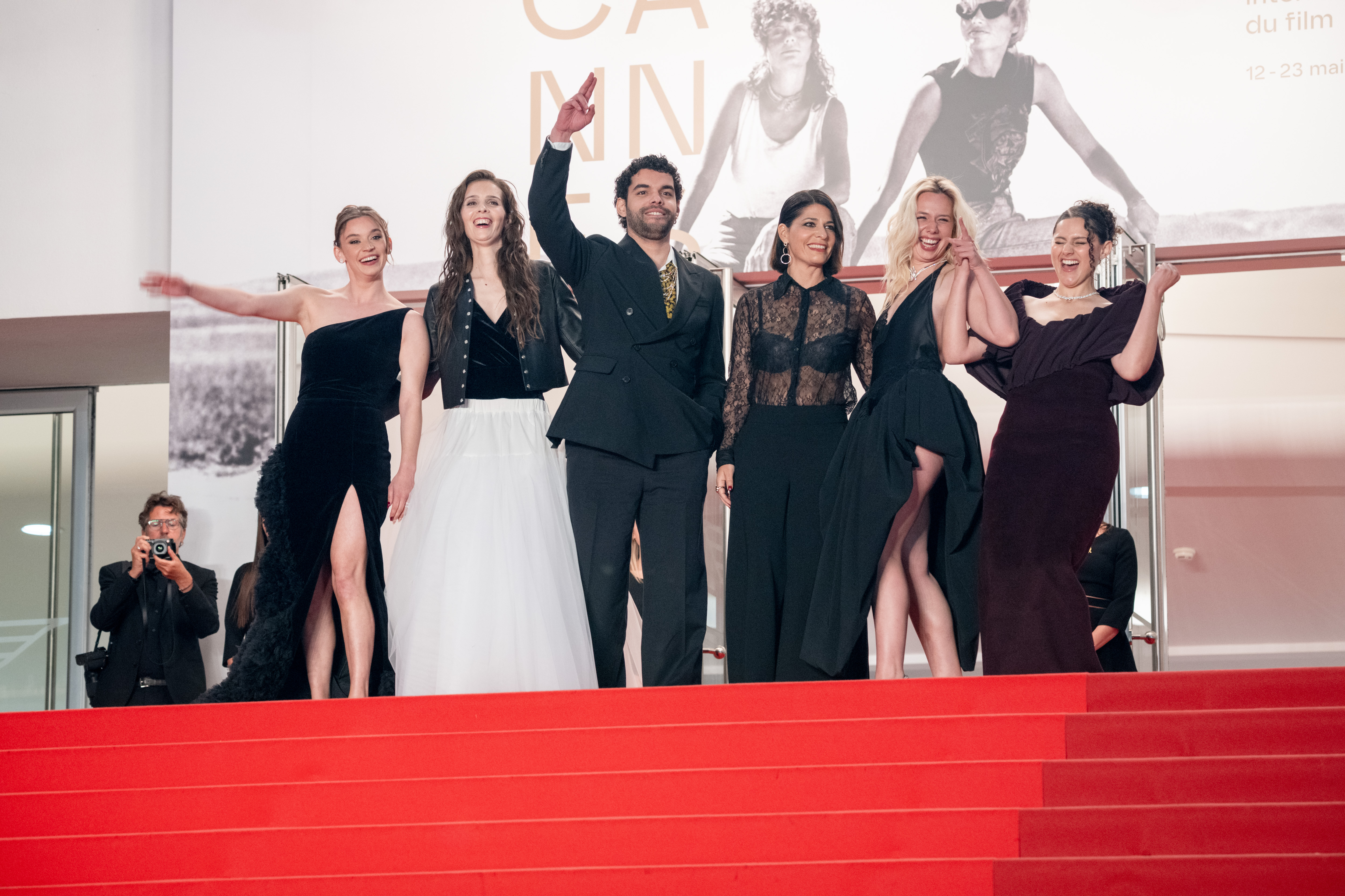 Image Description: Mara Taquin Marion Le Corroller Sami Outalbali Carole Lambert Kim Higelin and Sonia Faidi attend the midnight screening of the movie Sanguine during the 79th Cannes Film Festival Cannes France 2026-05-14