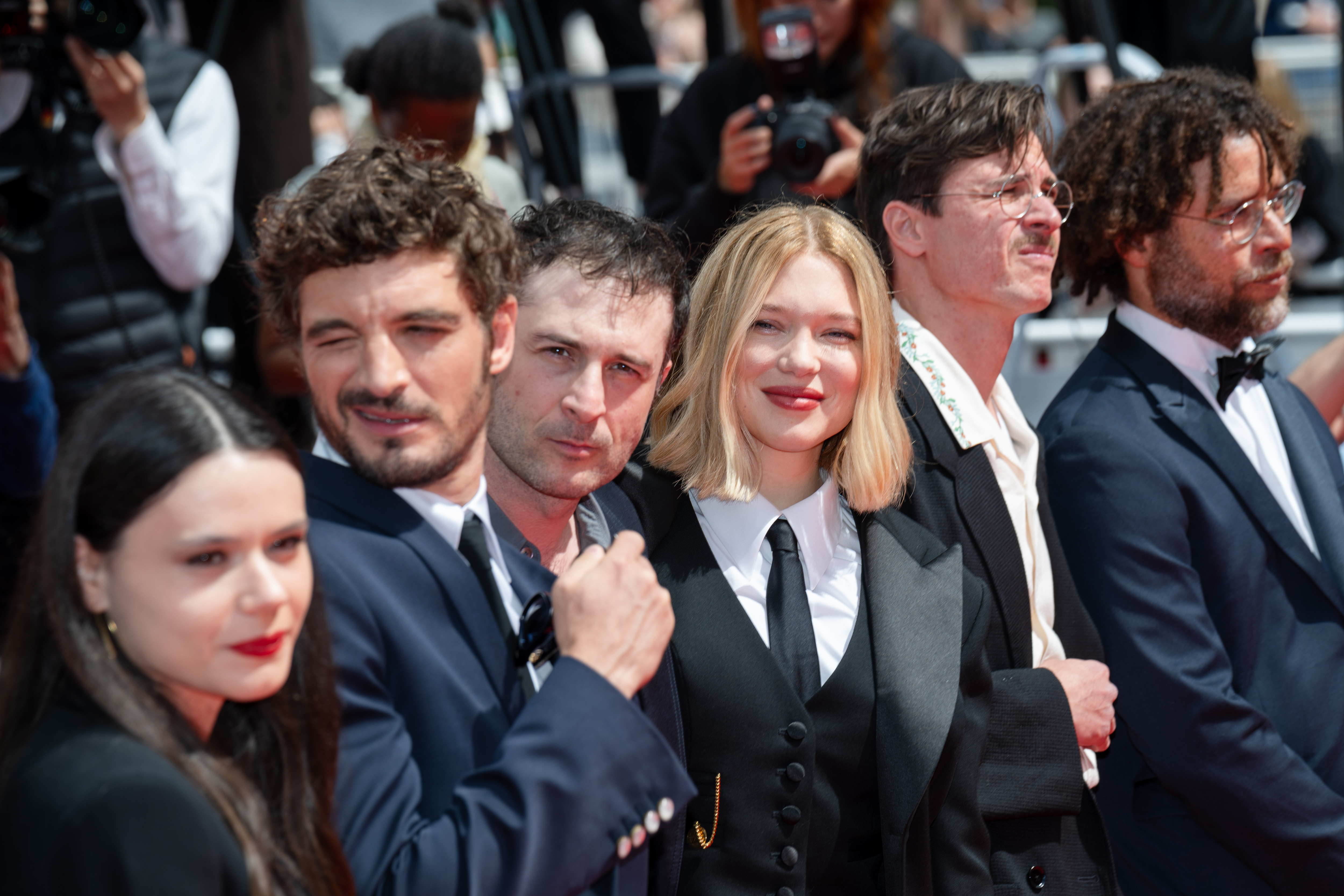 Image Description: Lilith Grasmug Niels Schneider Arthur Harari Lea Seydoux Lucas Harari and Laurent Senechal attend the competition screening red carpet of the movie L Inconnue during the 79th Cannes Film Festival Cannes France 2026-05-18