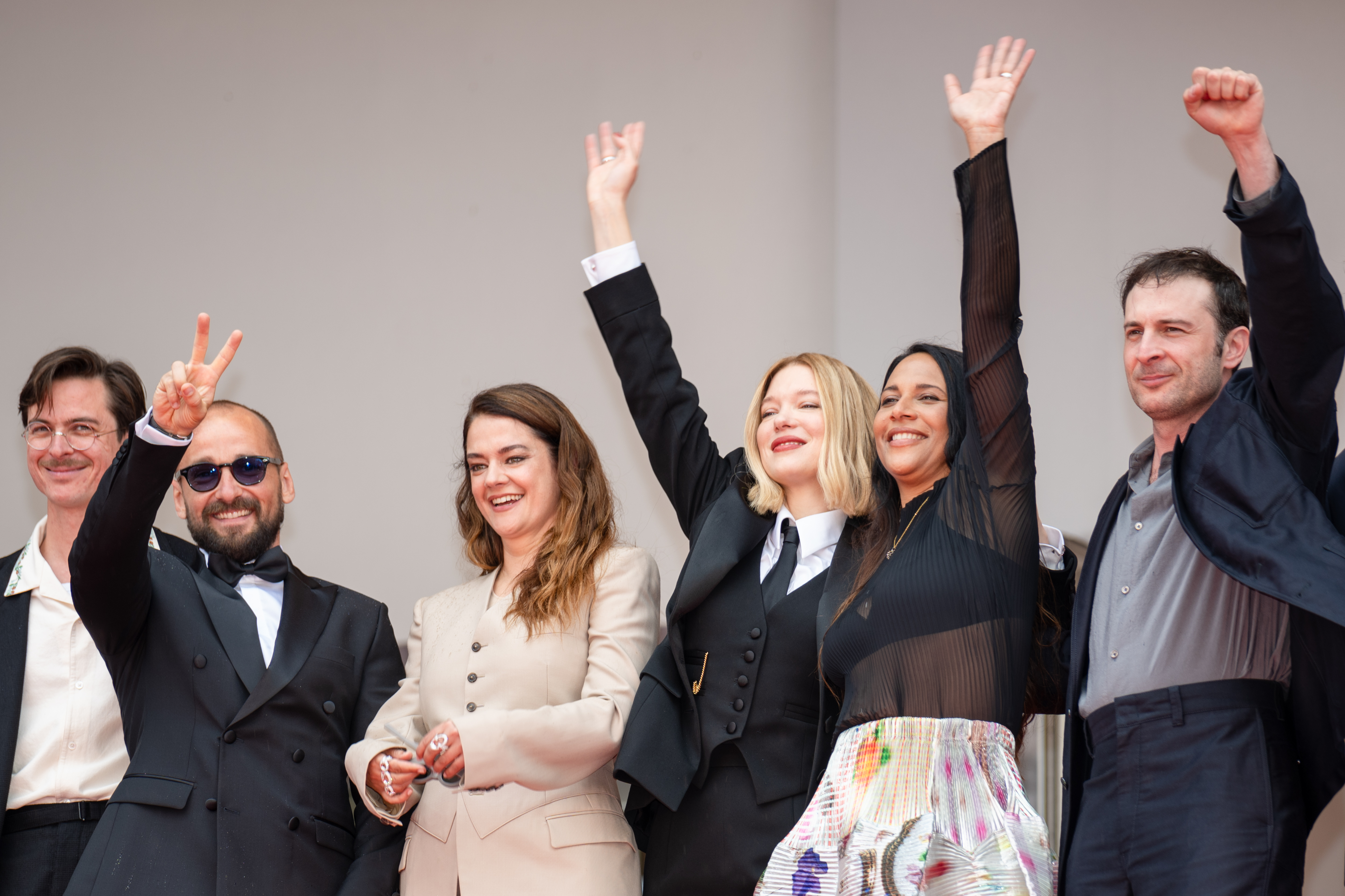 Image Description: Lucas Harari Jonathan Turnbull Victoire Du Bois, Lea Seydoux Shanti Masud and Arthur Harari attend the competition screening red carpet of the movie L Inconnue during the 79th Cannes Film Festival Cannes France 2026-05-18