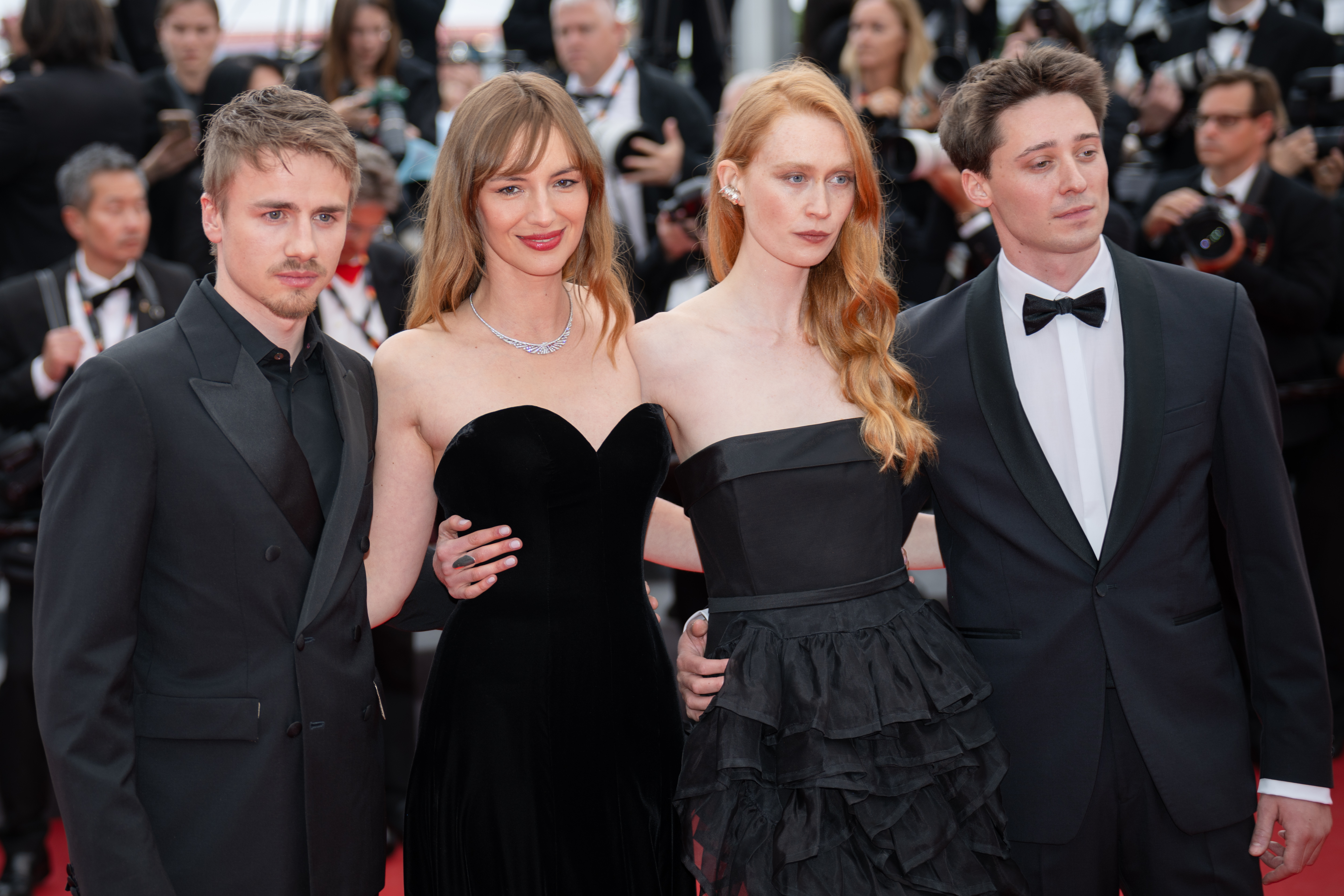 Image Description: Paul Beaurepaire Louise Bourgoin Veronika Vasilyeva-Rije and Antoine Pelletier of Adami attend the competition screening red carpet of the movie Fjord during the 79th Cannes Film Festival Cannes France 2026-05-18